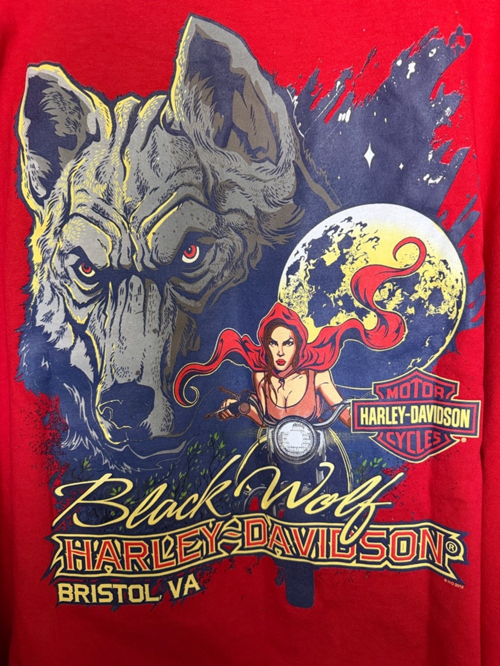 Harley-Davidson Red Graphic Tee with Black Wolf and Rider